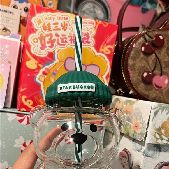 Starbucks Glass Bearista Cup with Signature Logo Starbucks Cap and Stripe Straw - Picture 3 of 3